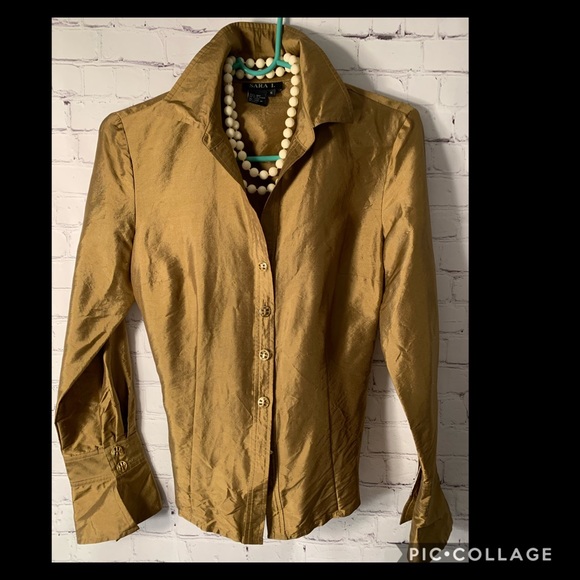 100% Silk blouse Gold button up top small - Picture 1 of 16